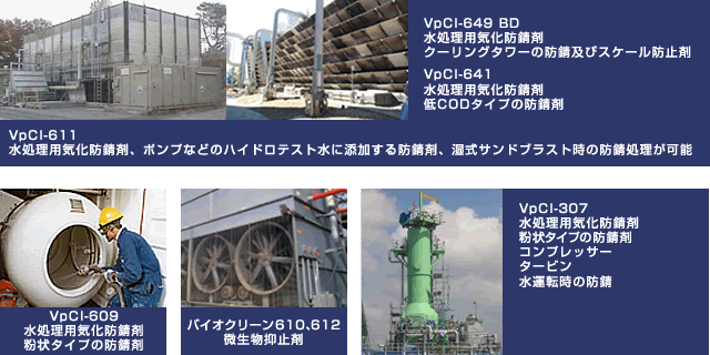 水処理用添加型防錆剤用途,工業用水、海水などに微量の添加をして金属部品を守る