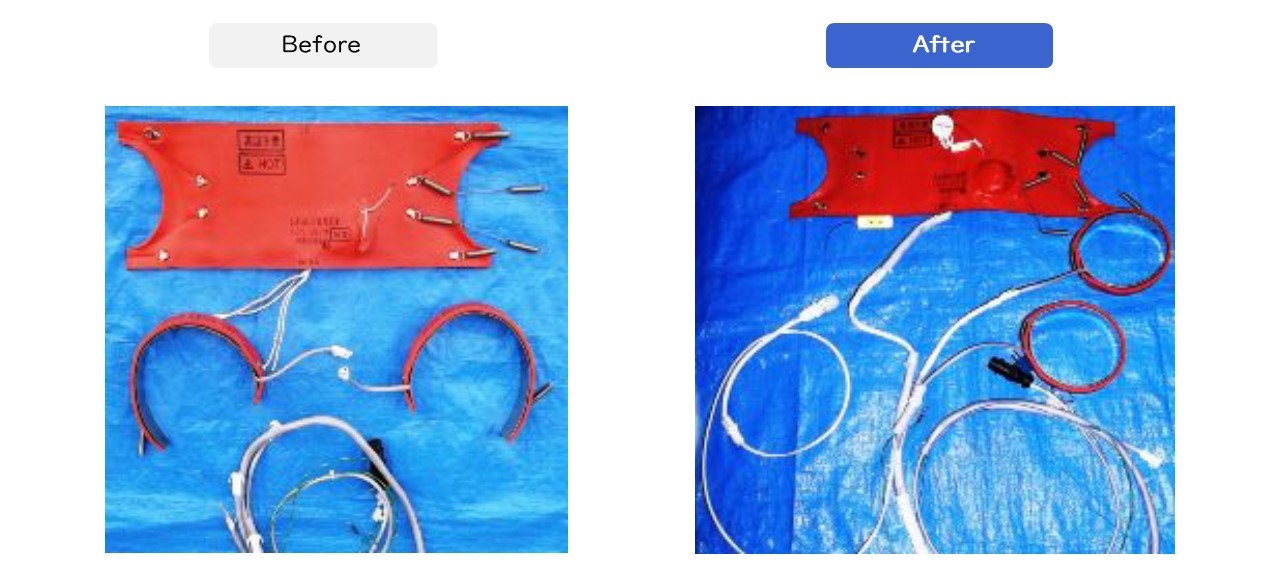 CKDメインバルブ用3連結 シリコンラバーヒータ(SAMICON XX)Φ8”用(Φ200mm)用メインバルブVYXシリーズVEC-VH8-X0101(VECシリーズ)について、個々にヒータを着脱式に改善し、不良箇所のヒータのみ交換できるようにして今後のメンテナンス性を向上させております。