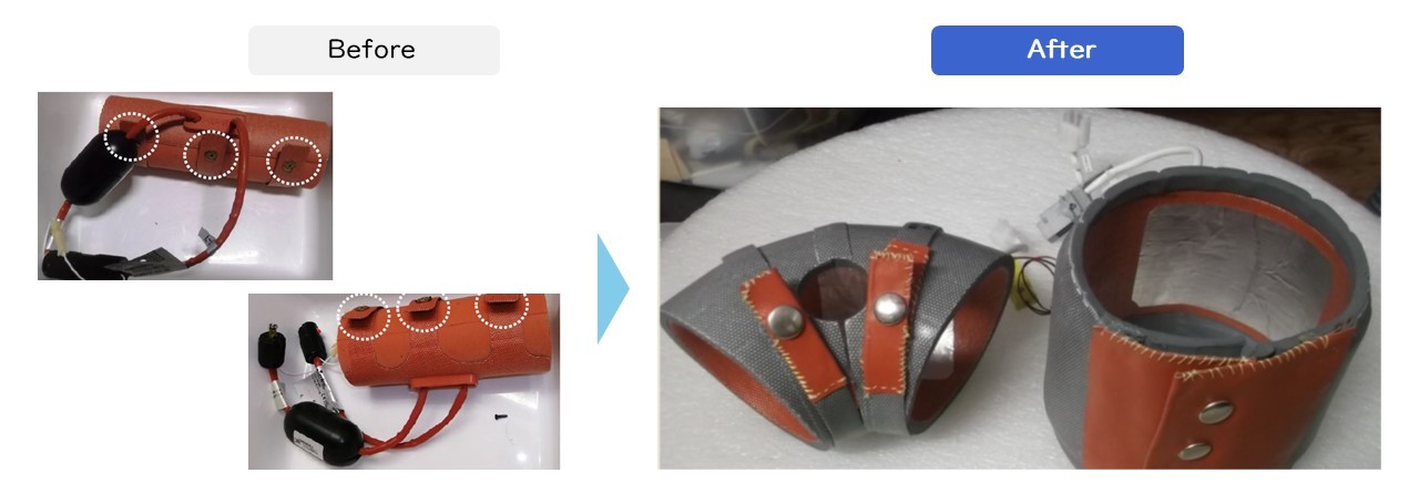 改善前と改善後。樹脂カバー・ボタンフックに使われている材質に、耐熱バンド+メタル・ボタンフックを採用することで強度を高めることができます。